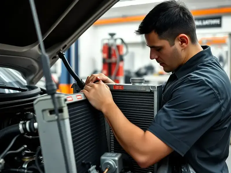 Technician working on radiator system